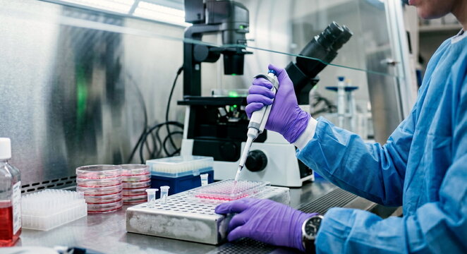 A biomedical researcher pipettes cultured cells in a sterile lab hood, with petri dishes, fluorescence microscope, and chilled sample rack in view; cool white lighting, precise hands, and crisp