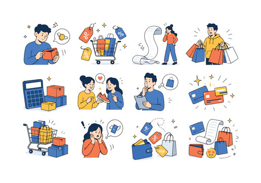 Budget Gone Deals. Funny shopping overspend, irresistible deals, budget temptation, sale regret humor, discount addiction and bargain impulse mood. 12 minimalist editorial vector scenes: a shopper