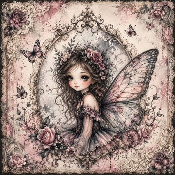 Elegant close-up portrait of a delicate gothic fairy surrounded by blooming roses, lace and butterflies, featuring intricate wings and romantic vintage-inspired fantasy styling.
