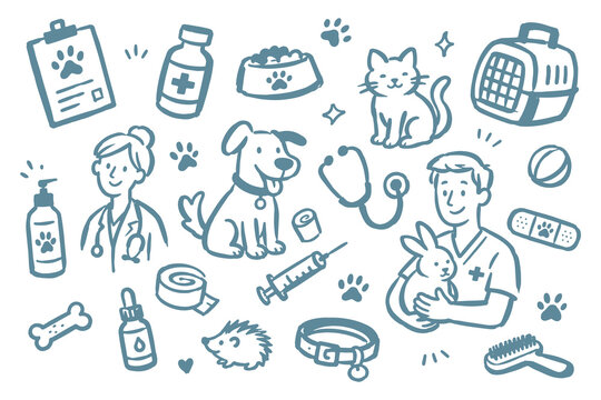 Veterinary Pet Care Doodle Set Hand Drawn Vector Illustration