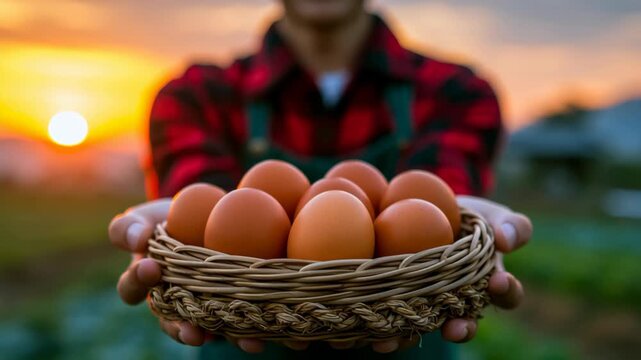 Farmer holding a basket of fresh brown eggs at sunrise, showcasing organic free-range farming, sustainable agriculture, and natural food production with warm golden light.