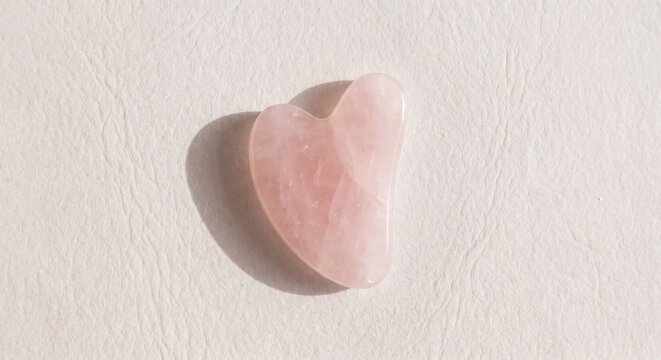 A heart-shaped rose quartz gua sha stone resting on a textured white surface in soft natural light.
