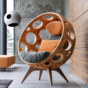 Modern egg chair with orange cushions in living room