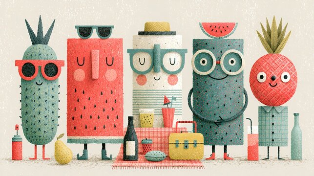 Fruit and cactus characters enjoying a summer picnic