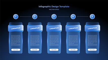 Futuristic glassmorphism infographic template with 5 vertical steps banner. Glowing gradient blue neon modern glass presentation workflow process ui layout diagram on dark gradient background vector. © nuddss