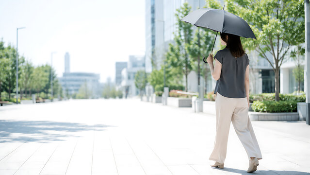 晴れた現代的なビジネス街を黒い日傘で歩く日本人女性
