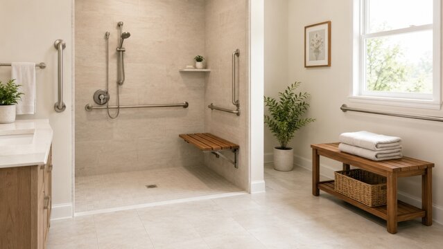 Accessible bathroom with walk in shower and grab bars in natural light