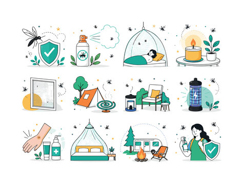 Insect Protection. Insect protection, mosquitoes, repellent, nets, citronella, sprays, screens, traps, bug zappers and summer camping safety. 12 minimalist editorial vector scenes: mosquito hovers