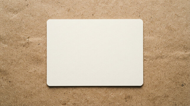 Blank white rectangular card centered on a rustic textured brown recycled paper background surface top view