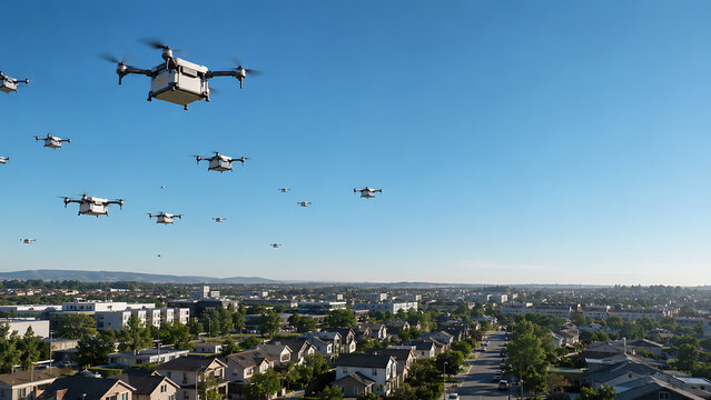 青空の下で郊外の街の上空を飛行する配送ドローンの編隊