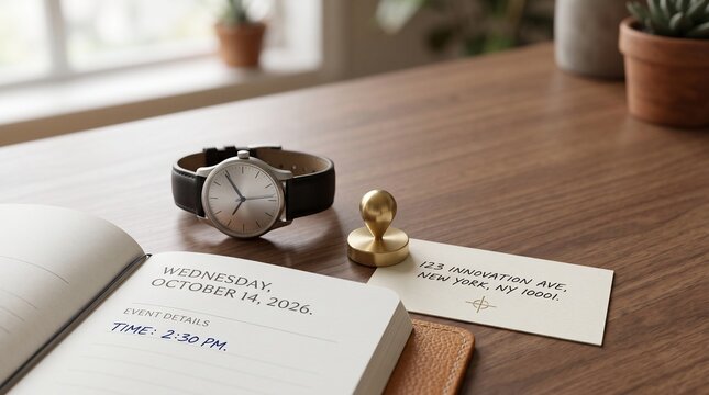 Elegant desk setup featuring a leather watch next to an open planner and a metal address paperweight