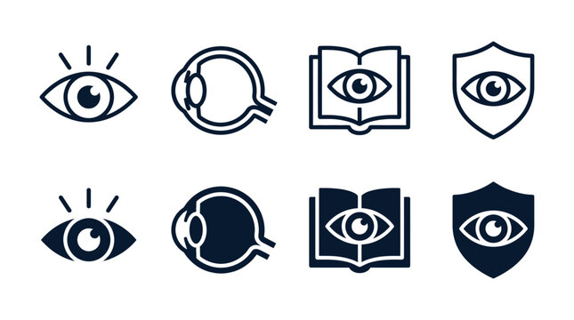Eye health protection and anatomy study icon set with protection education research optometry ophthalmology