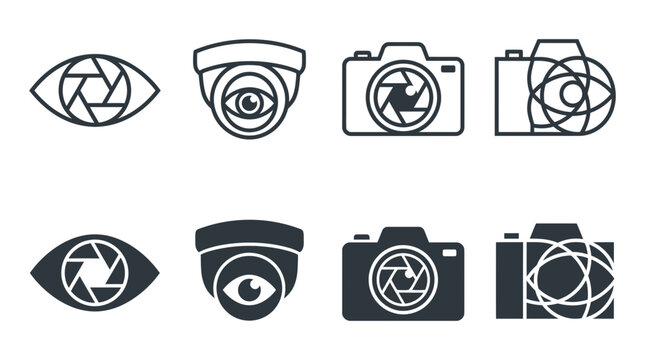 Photography and visual surveillance icon set featuring camera shutters, cctv cameras, and lens aperture symbols