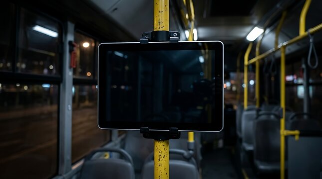 Digital tablet mounted on a yellow handrail inside a public transport bus at night with blank screen mockup.