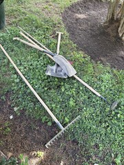 Garden Tools Laid Out on Green Ground Cover Near Freshly Dug Soil © Nadya