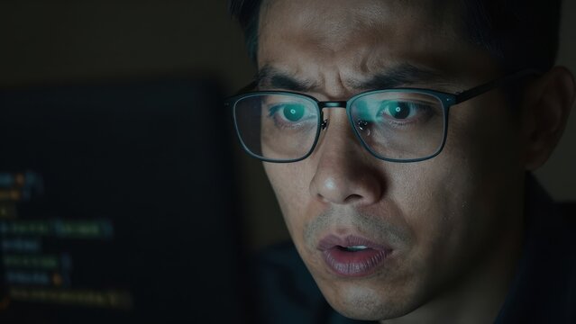 Stressed Asian Man wearing glasses looking at computer screen with intense expression in dark room, worried developer facing error or cyber attack, panicked programmer working late night