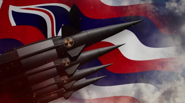 Nuclear missiles launching with national flags in motion footage