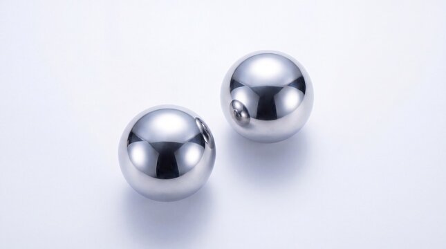 Two polished chrome metal spheres resting on a clean white surface with soft studio reflections.