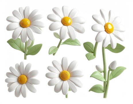 Set of Six White Daisy Flowers with Green Stems and Leaves.