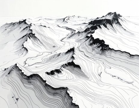 Abstract Topographic Map of Snow-Covered Mountain Peaks.