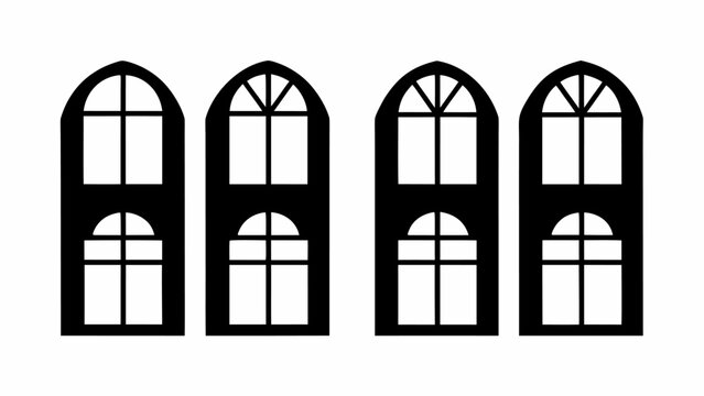 Set of four vintage arched windows with grid panes. Classic architectural window designs for home and building exteriors.