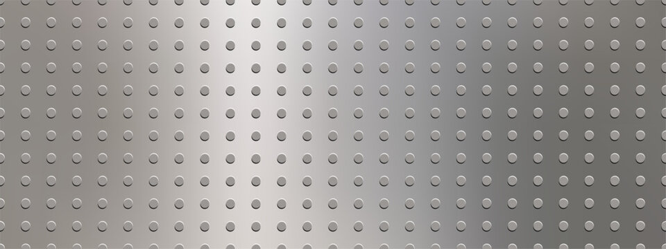 Black perforated steel plate with realistic metal texture and mesh pattern. Seamless silver sheet with circle hole grate creating industrial wall abstract tech background and engineering surface.