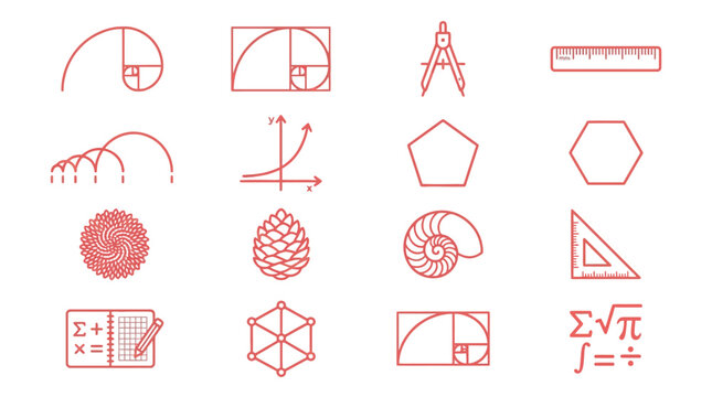 Collection of mathematical icons and symbols representing geometry, numbers, and scientific concepts.
