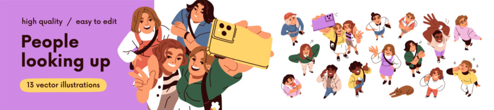 Happy people looking up, top down view set. Smiling men, women, kids standing with raised heads, watching upward. Characters faces from above. Flat vector illustrations isolated on white background