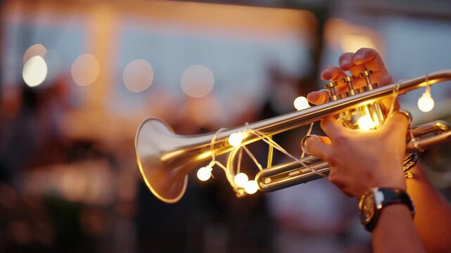 Musician performing jazz music on a brass trumpet decorated with string lights, creating a festive atmosphere during an evening event