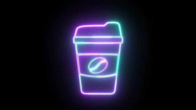 Green Purple Neon Takeaway Coffee Cup with Glowing Coffee Bean Animation on Black Background
