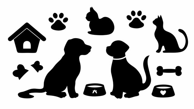 Silhouettes of dogs and cats with pet accessories for pet care and adoption