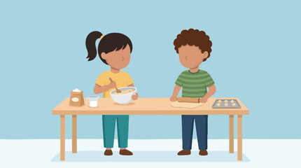Children baking cookies together, stirring batter and rolling dough
