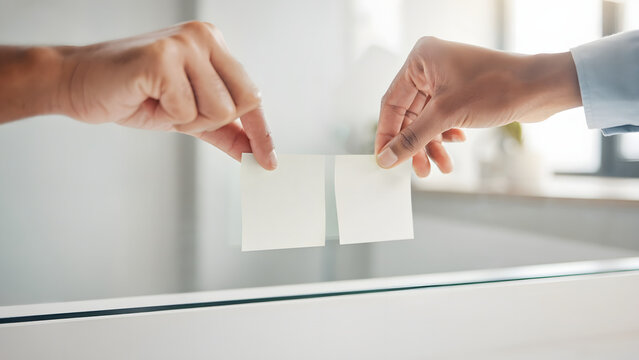 Two business professionals holding blank sticky notes for collaboration concept