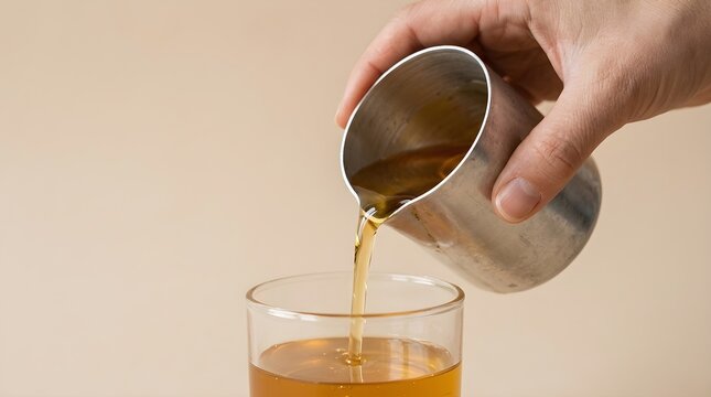Close up shot of a hand pouring clear amber or golden liquid from a metal container into a glass.