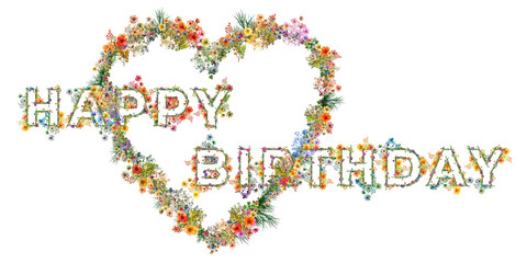 Życzenia urodzinowe z kolorowych polnych kwiatów i ziół układających się w kształ napisu: Happy Birthday © Blue Pixel