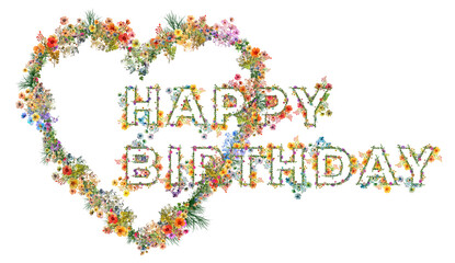Życzenia urodzinowe z kolorowych polnych kwiatów i ziół układających się w kształ napisu: Happy Birthday © Blue Pixel