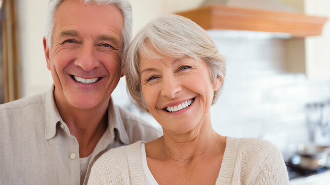 Happy senior couple smiling in a cozy kitchen, enjoying their time together with warmth and joy.