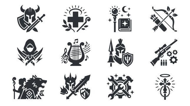 Create 12 modern flat vector MMORPG character icons. Include: tank warrior, healer, mage, ranger, dual blade assassin, bard, lancer, gunner, beast tamer, dark knight, engineer, support priest