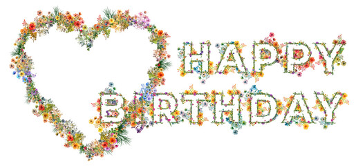 Życzenia urodzinowe z kolorowych polnych kwiatów i ziół układających się w kształ napisu: Happy Birthday © Blue Pixel