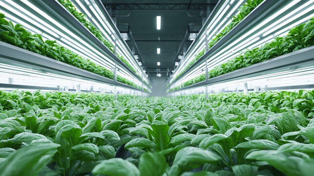 Lush green plants grow in a modern indoor farm under bright LED lights, showcasing sustainable agriculture and cultivation practices.