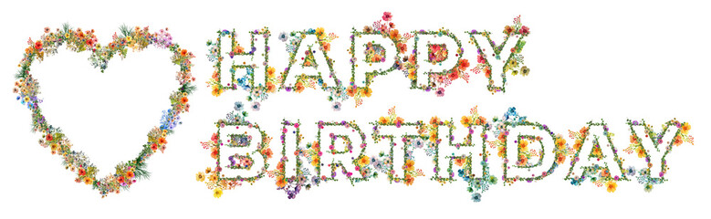 Życzenia urodzinowe z kolorowych polnych kwiatów i ziół układających się w kształ napisu: Happy Birthday © Blue Pixel