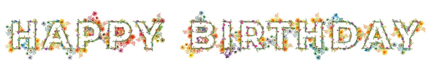 Życzenia urodzinowe z kolorowych polnych kwiatów i ziół układających się w kształ napisu: Happy Birthday © Blue Pixel