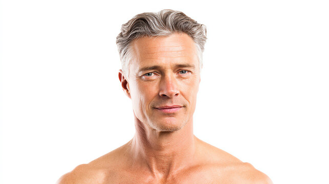 Portrait of a confident mature man with gray hair, showcasing a relaxed demeanor and strong facial features against a white background.