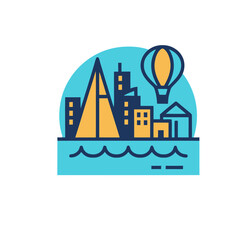 Fototapeta premium Cityscape with Hot Air Balloon and Water