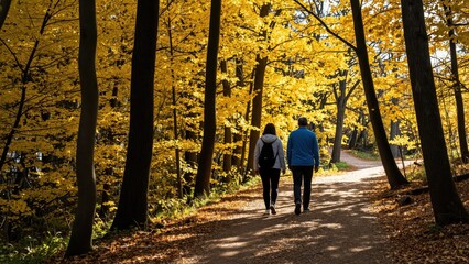 Obraz premium Autumn Stroll: Two individuals enjoy a serene walk along a sun-dappled path in an autumn forest, surrounded by the vibrant golden hues of fall foliage.
