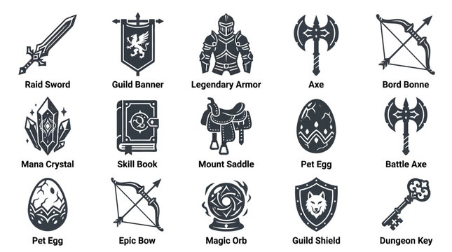Create 12 modern flat vector MMORPG equipment icons. Include: raid sword, guild banner, legendary armor, mana crystal, skill book, mount saddle, pet egg, epic bow, battle axe, magic orb, guild shield