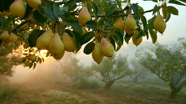 Misty pear orchard at dawn, early autumn banner with copy space