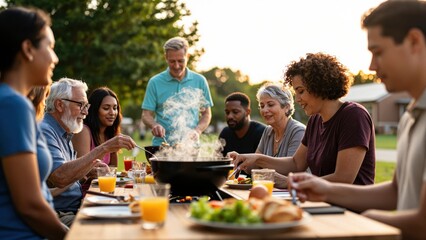 Obraz premium Outdoor Barbecue Gathering: A multi-generational family enjoys a sunny afternoon, sharing a meal around a table laden with food, while a man barbecues in the background.
