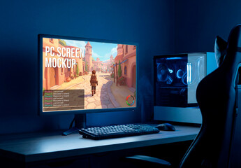 Desktop computer mockup with blank screen in dark room
