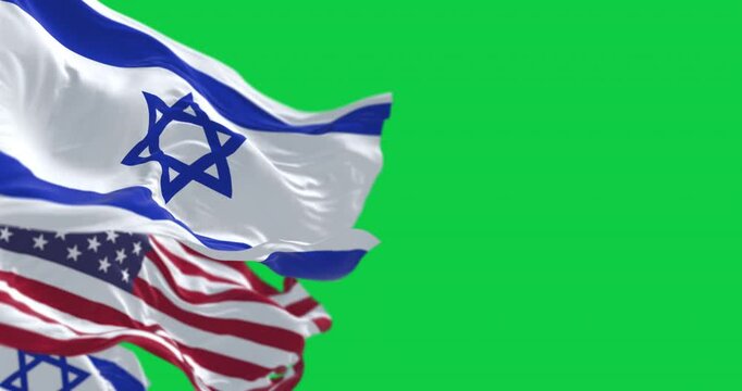 Israel and United States flags waving together isolated on green background